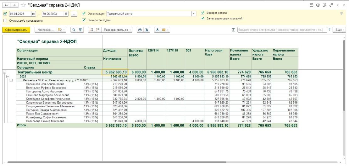 Создание отчета Сводная справка 2-НДФЛ в 1C:ЗКГУ